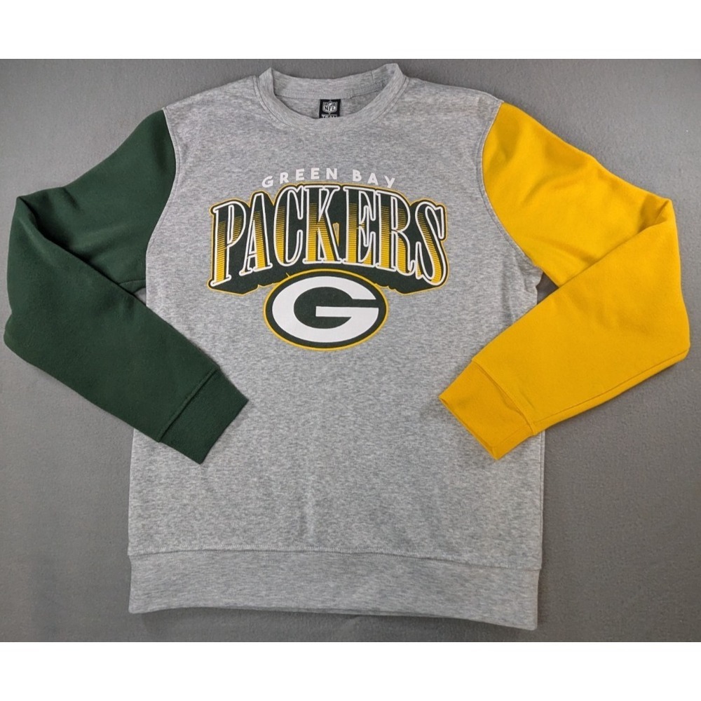 Green Bay Packers NFL Sweatshirt Crewneck Mens Medium Colorblock Green Gold Grey